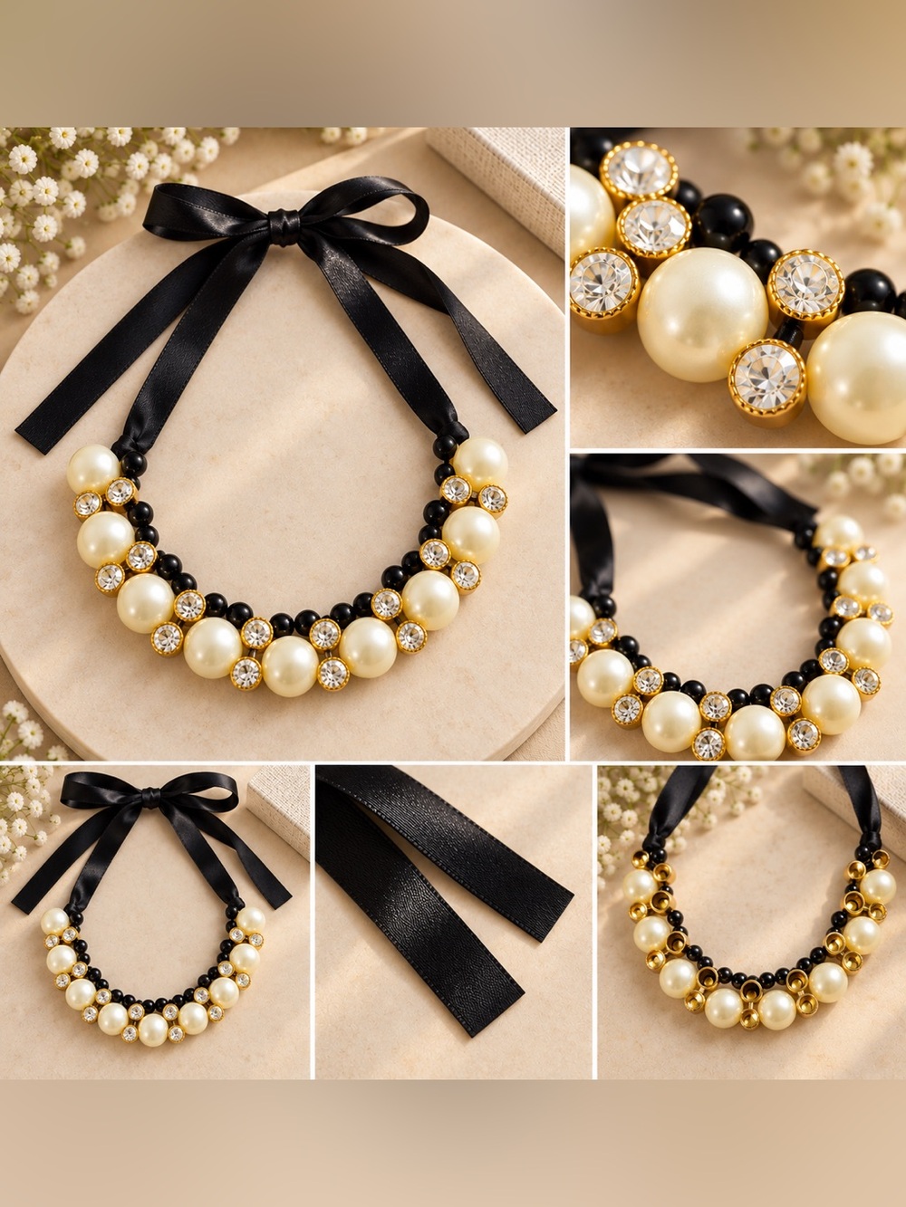 Pearl & Crystal Ribbon Tie Necklace in Black and Cream